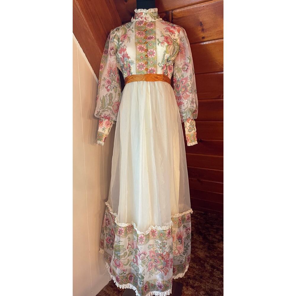 Vintage 60s 70s Floral Prairie / Victorian Revival Chiffon Maxi Dress sz S